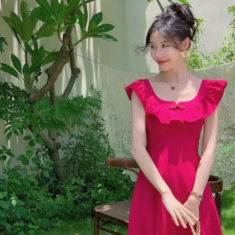 Vestidos sem mangas das mulheres para a mulher festa de casamento primavera chiffon flounce plissado em camadas barco-pescoço princesa mori menina fairycore