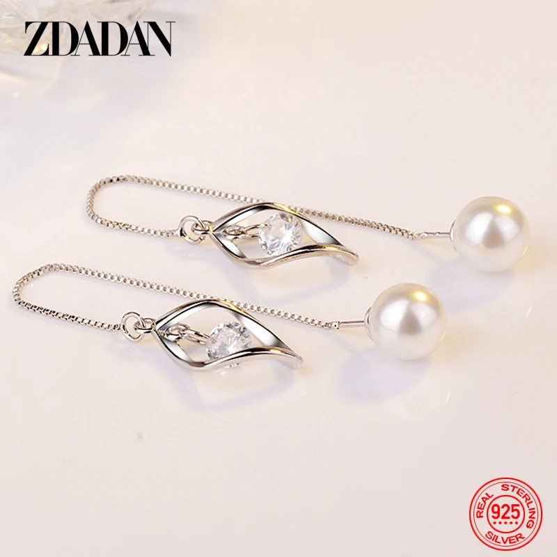 ZDADAN 925 Sterling Silver Long Tassel Pearl Drop Earring For Women Girls Fashion Jewelry