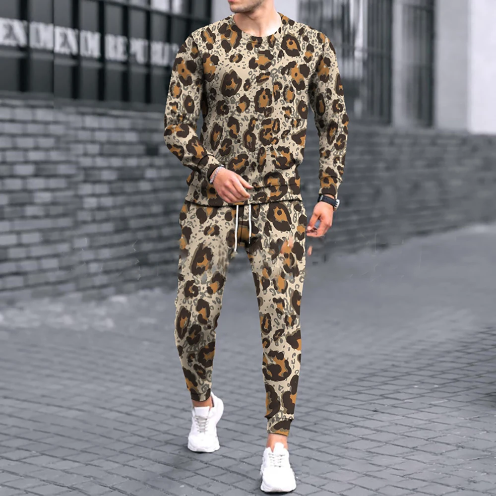 Spring Men 2 Pieces Luxury Long Shirt Trousers Set Leopard Printing Suit Male Fashion Tracksuit Casual Outfit Vintage Clothing