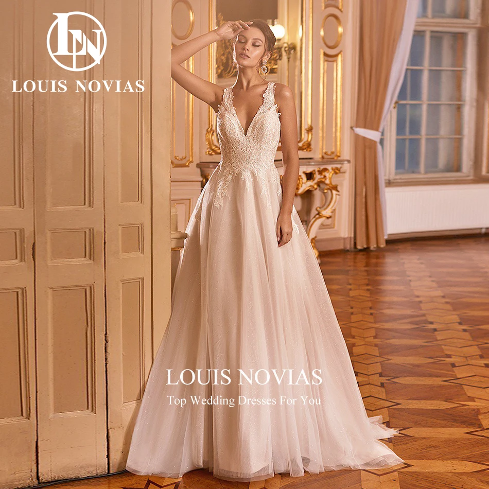 LOUIS NOVIAS-Vestidos De Novia De corte en A para mujer, cuello en V De tul con traje De boda, apliques entrecruzados, 2023