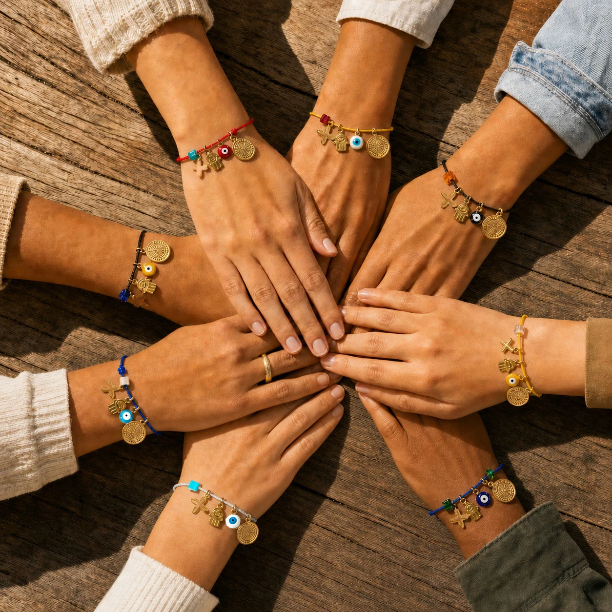 8pcs Adjustable Colorful Cord Bracelet with Gold Tone Stainless Steel Hamsa Evil Eye Coin Charms Beach Style for Women