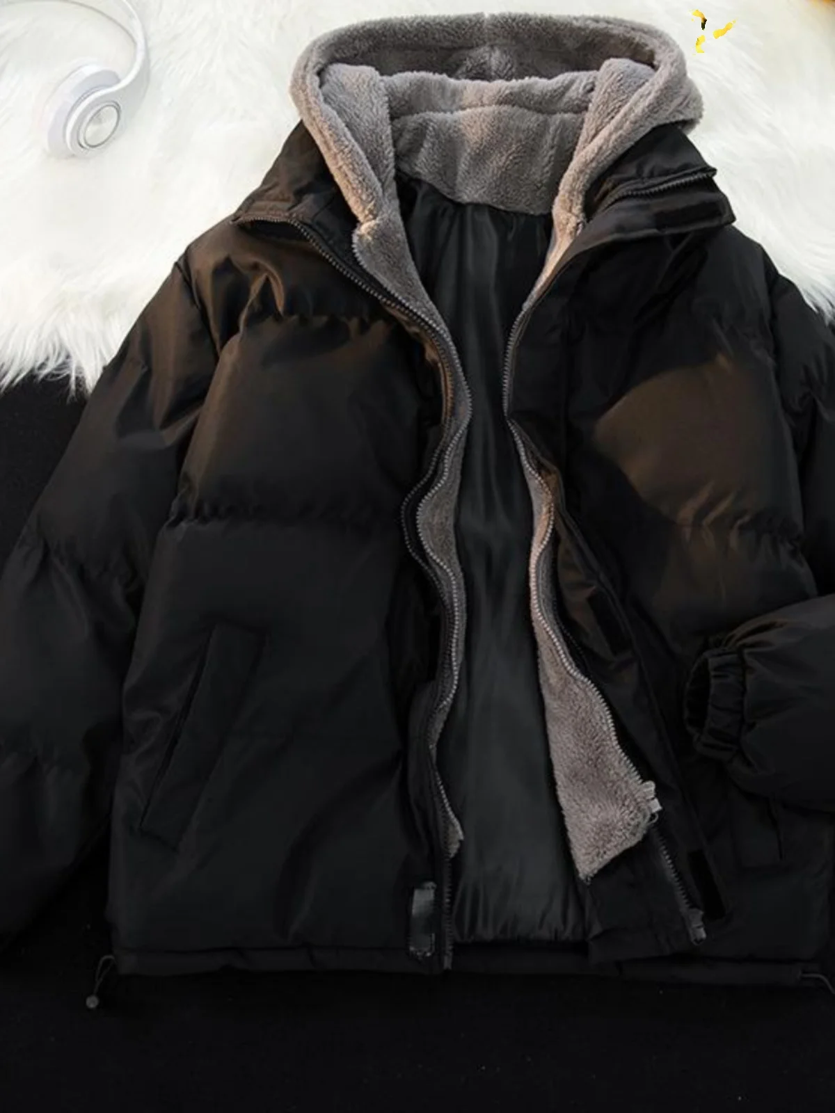 

Men's Winter Cotton Jaet Fce Lined Fake Two Piece Hooded Casual Thiened Long Sve Youth Faion Pure Color Polyester