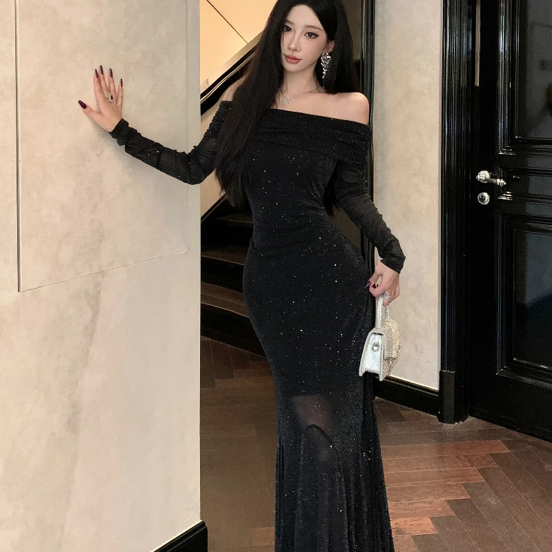 High-end กระชับ Sheath Bodycon ชุดนางเงือกผู้หญิงอินเทรนด์แขนยาวปิดไหล่ชุดฤดูใบไม้ร่วงชุดวันเกิด