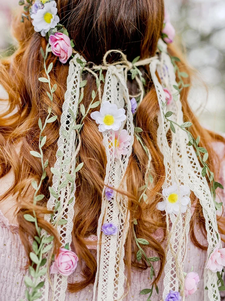 Bohemia Fringed Vines Flower Hair Crown Bride Wedding Headband Hair Band Women Flower Wreaths Garland Hair Accessories