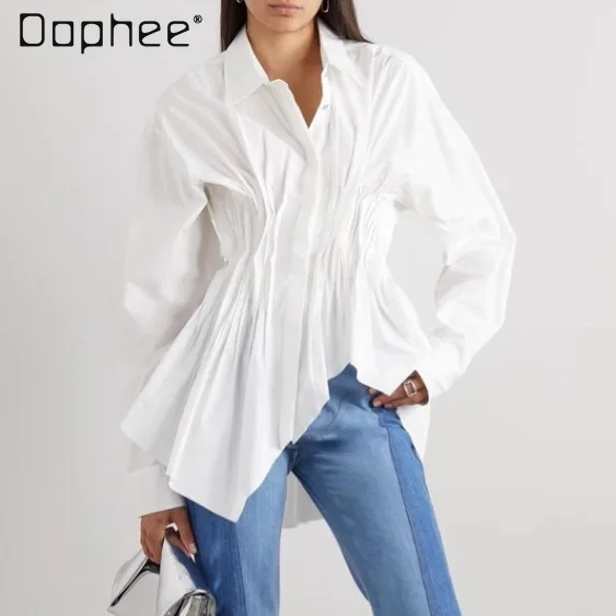 Irregular Hem Ruched White Shirt Women Office Lady Long Sleeve Lapel Single Breasted Blouses Commuter Ladies Tops Chic Design