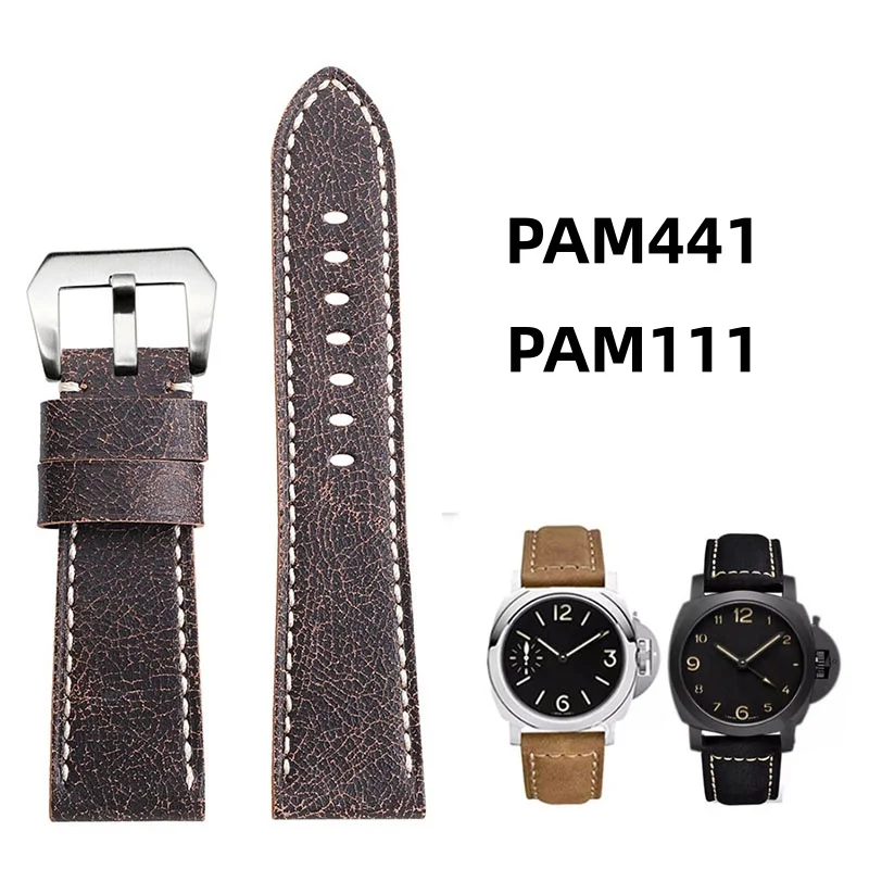 For Panerai Lumino Fat Sea Series PAM441 PAM111 Series Men's Retro Burst Pattern Leather Watch Strap Vintage Watchband 24mm 26mm