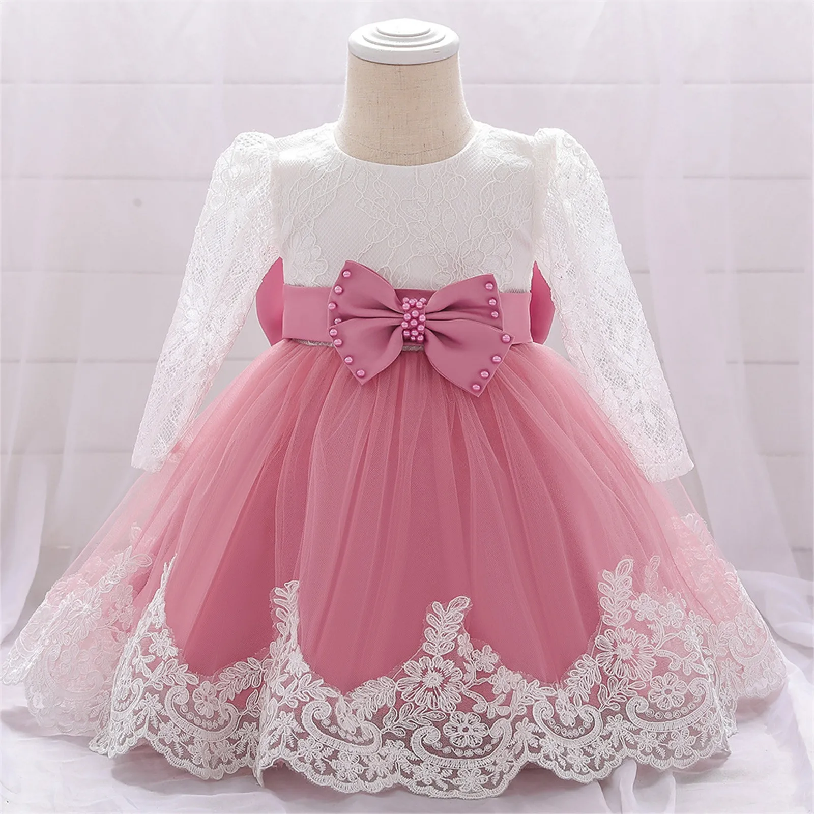 2024 Children\'s Birthday Gown Lace Long Sleeve Princess Skirt Kids Girls New Year Party Dresses Wedding Event Autumn Dresses