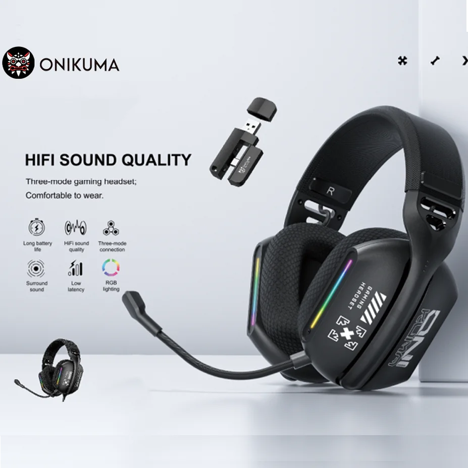 

Onikuma RGB Light 2,4 ГГц Беспроводные наушники с низкой задержкой для игр 360° ° Поворотный микрофон с уменьшением шума