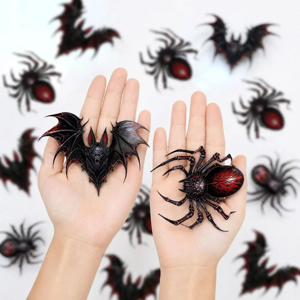 12PCS Multicolor Halloween Wall Stickers Colorful Pattern with Dot Adhesive 3D Bat Spider Wall Decals Scene Ornament 3D Effect