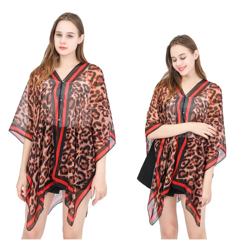 Chal de protección solar para mujer, camiseta de gasa de verano, bufanda de leopardo para vacaciones, blusa de Bikini, envoltura de playa