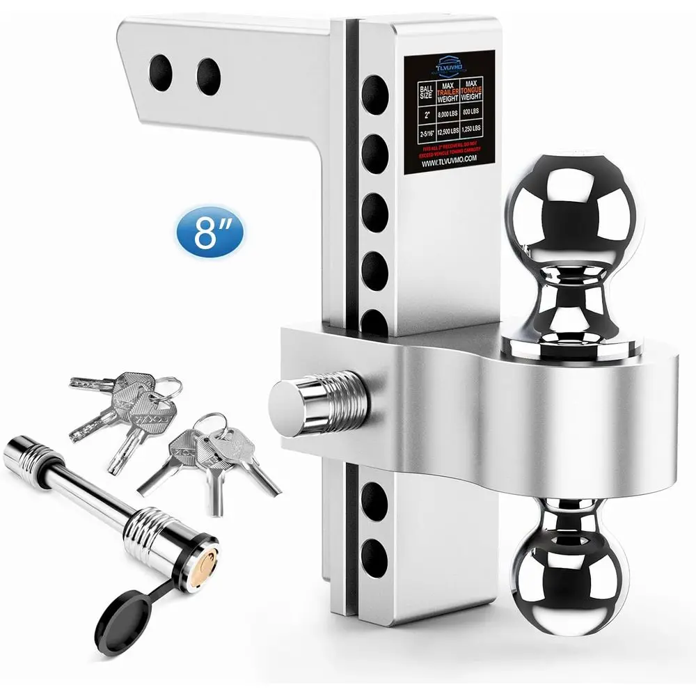 

Adjustable Trailer Hitch Fits 2 Inch Receiver, 8 Inch Drop Hitch Ball Mount, 12,500 LBS GTW, (2 & 2-5/16) Chrome Plated Steel Ba