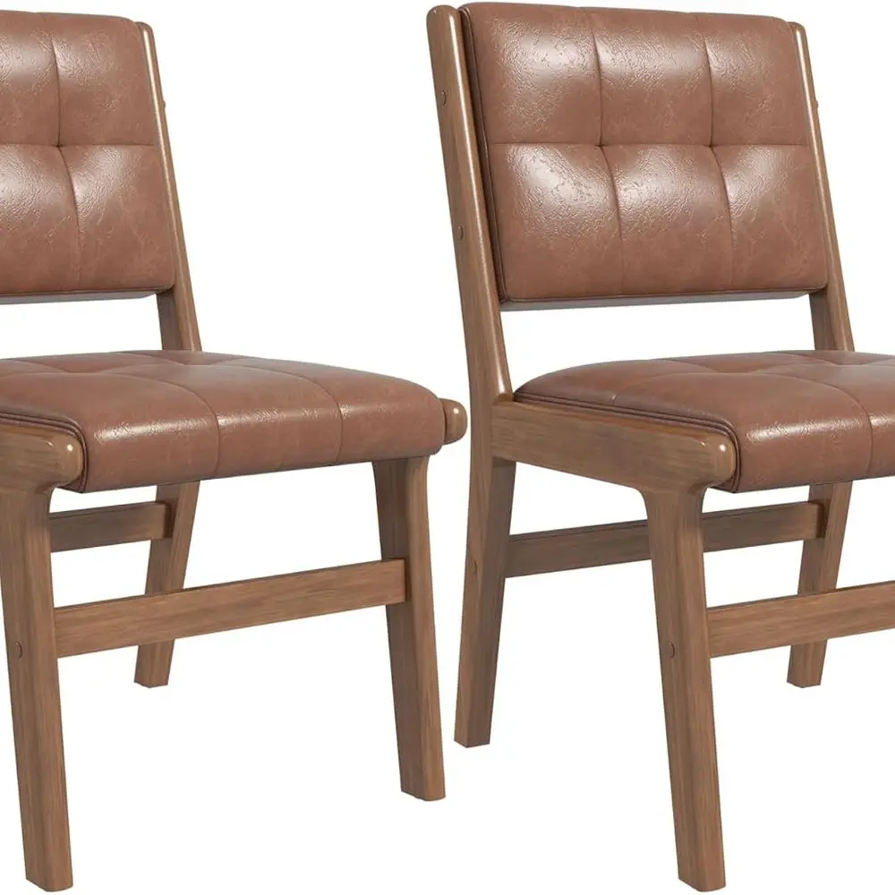 

Pair of Brown Faux Leather Dining Chairs with Comfortable Backs, Solid Wood Frames and Upholstered Cushions for Home, Cafe, and