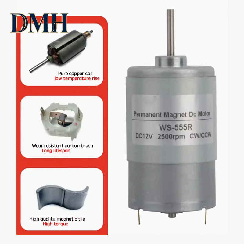 Motor de CC de alta velocidad y microtorque de 12V 24V 3500-8000rpm 555R, velocidad ajustable, motor de alta potencia con marcha adelante y atrás.