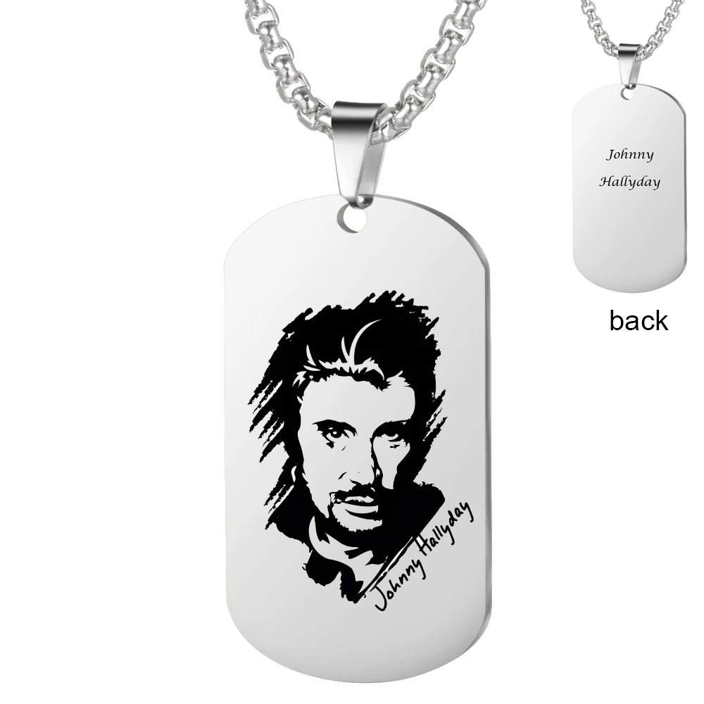 French Rocker Johnny Hallyday Necklace Fashion Jewelry Stainless Steel 2 Sides Engraved Sketch Necklace Pendant for Men Boys