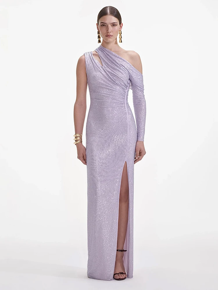 VC Purple Rhinestone One Shoulder Maxi Dress Long Sleeve Ruched Split Diamond Evening Party Dress Wedding Guest Celebrity Gown