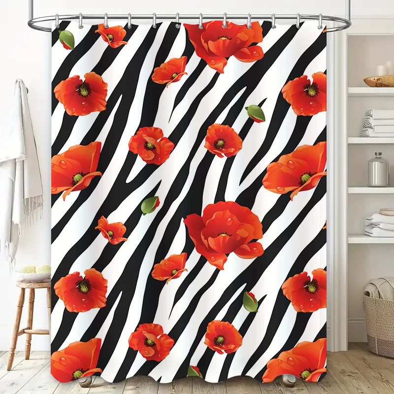 Black White Zebra Stripe Shower Curtain with Poppy Flowers 3D Printed Waterproof Fabric for Home Decor in Bathroom Accessories