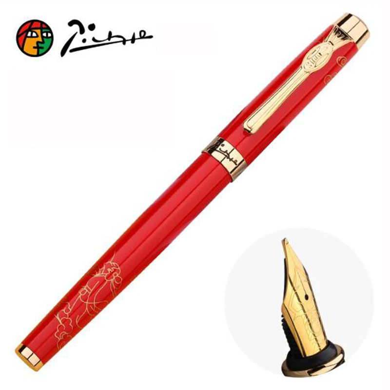 Picasso 933 Metal Brilliant Red Fountain Pen Golden Trim Fine Nib 0.5MM Ink Pen Luxurious Writing Gift Pen Set