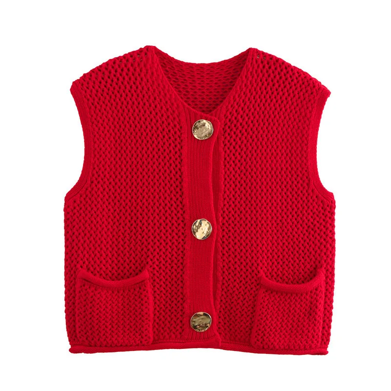 2024 Sleeveless Short Sweaters Knitted Vest Women Autumn Cut Out Women's Sweater Vests Casual Cropped New Knitwear Crochet Vest