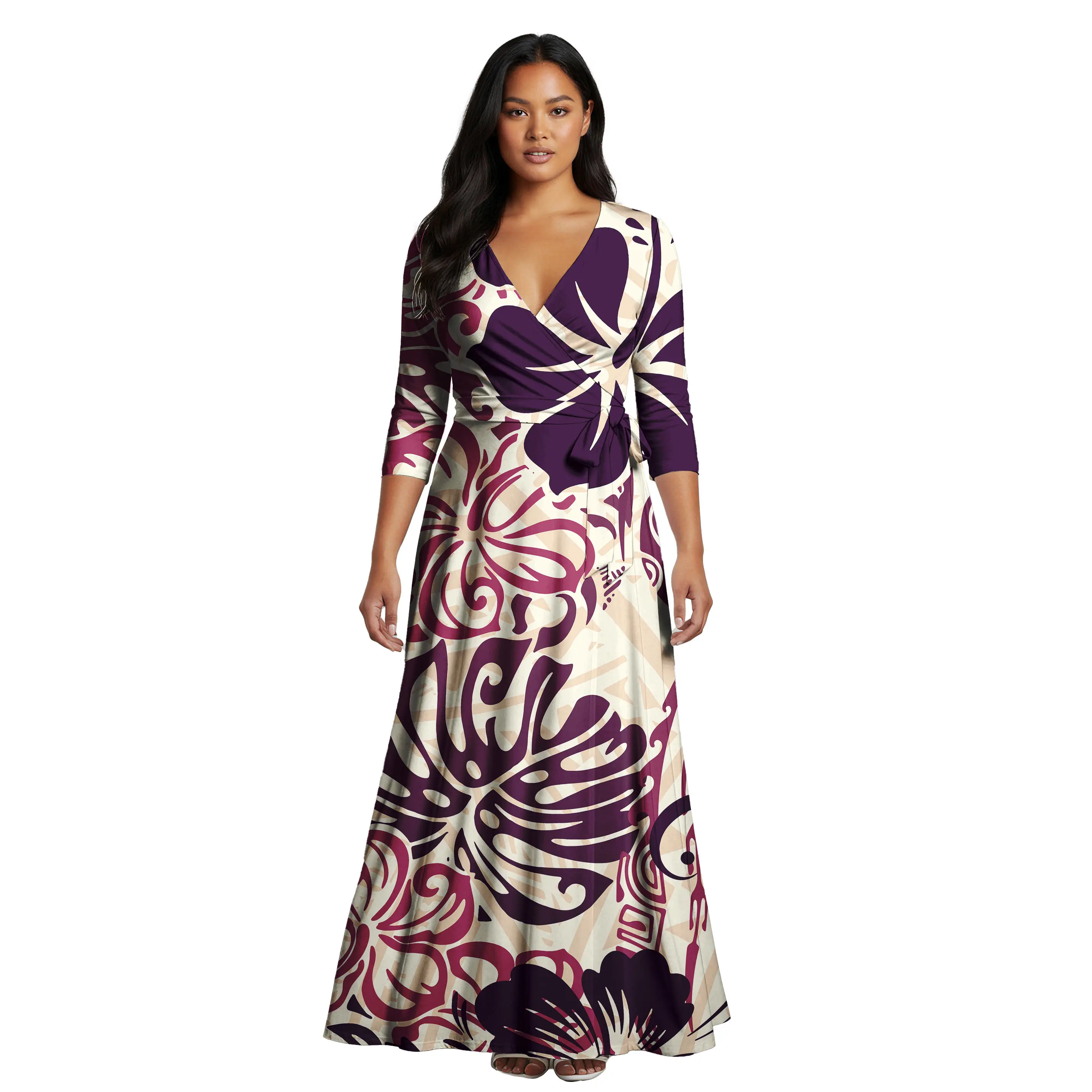 

Ladies V-neck Belt Dresses Fashion Customization Polynesian Sexy Pacific Island Samoan Style Women Casual Tribal Aloha Dress