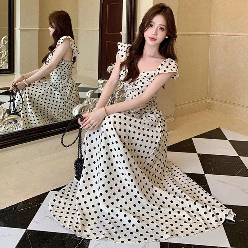 

Женское летнее милое платье миди в горошек с драпировкой, модное приталенное платье для женщин, нежное платье для отпуска