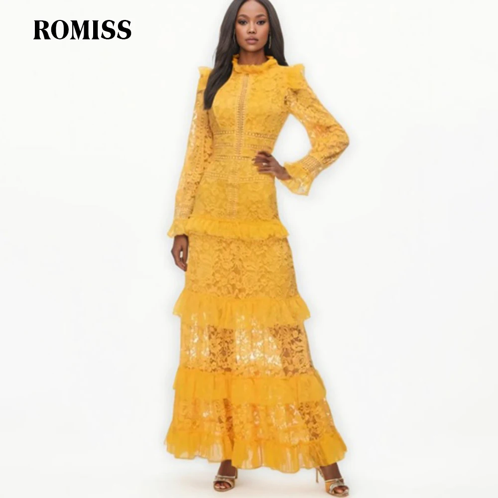 ROMISS Temperament Patchwork Lace Dress For Women Stand Collar Lantern Sleeve High Waist Spliced Ruffles Dresses Female New