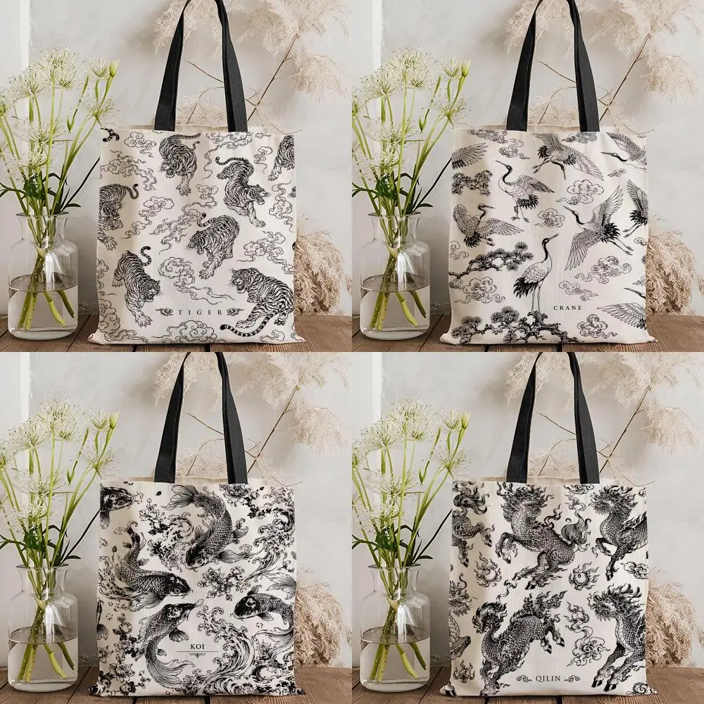 Bolsas de almacenamiento Cool Black Classical Dragon Koi, bolso de lona para mujer, gran capacidad, reutilizable, ecológico, bolso de compras, bolso de hombro