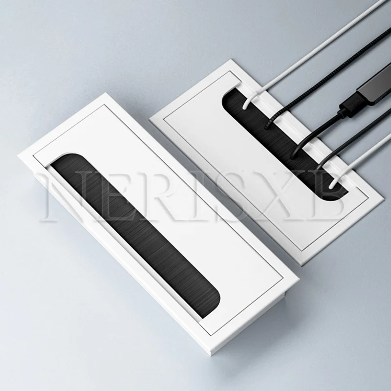 Aluminum Alloy Desk Table Rectangle Cable Grommet Hole Cover Black Brushed Wire Outlet Port 80mm for Organizing Cables