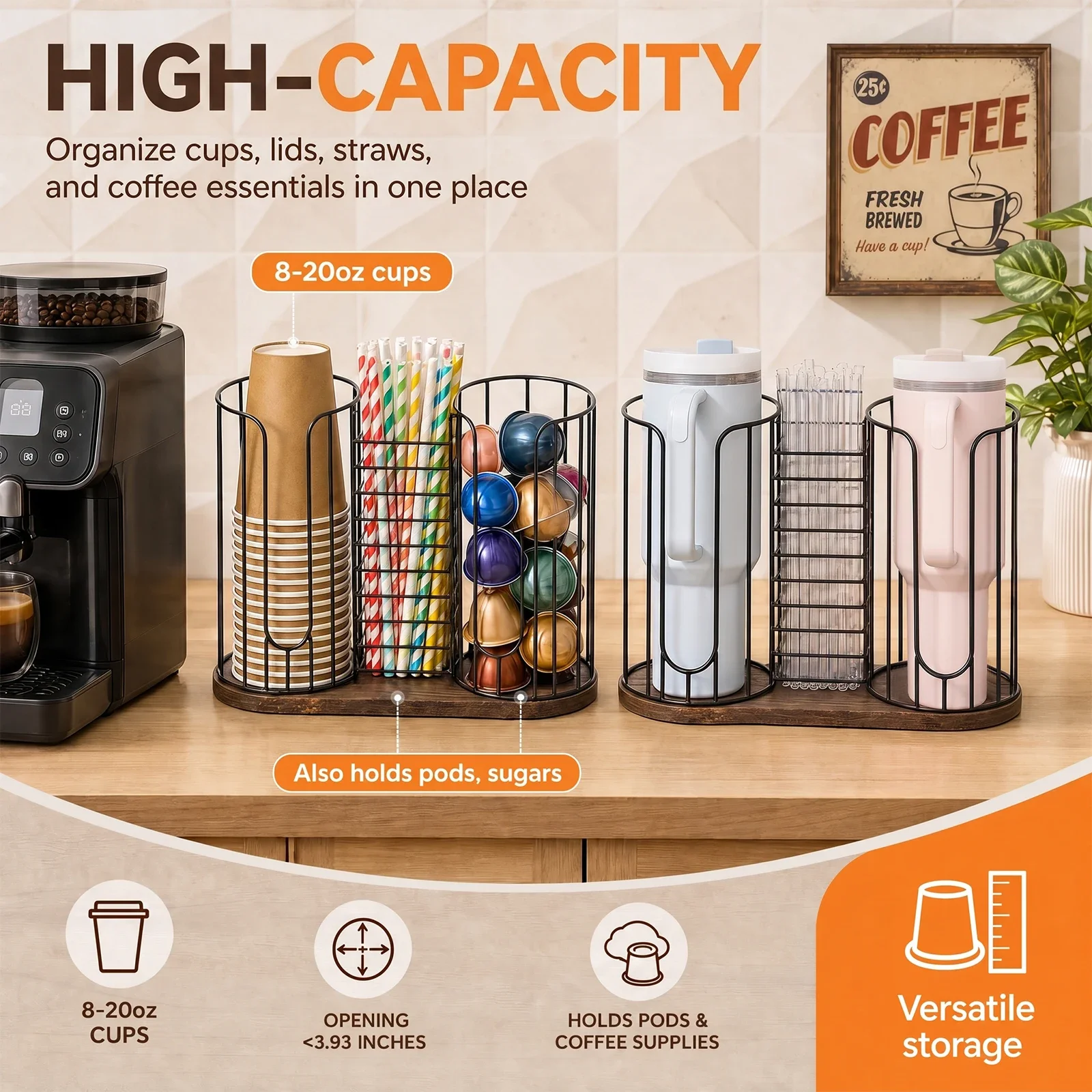 3/4 Compartment Disposable Cup Storage Holder Water Tea Cups Dispenser Rack with Wood Base Paper Cup Straw And Lid Organizer