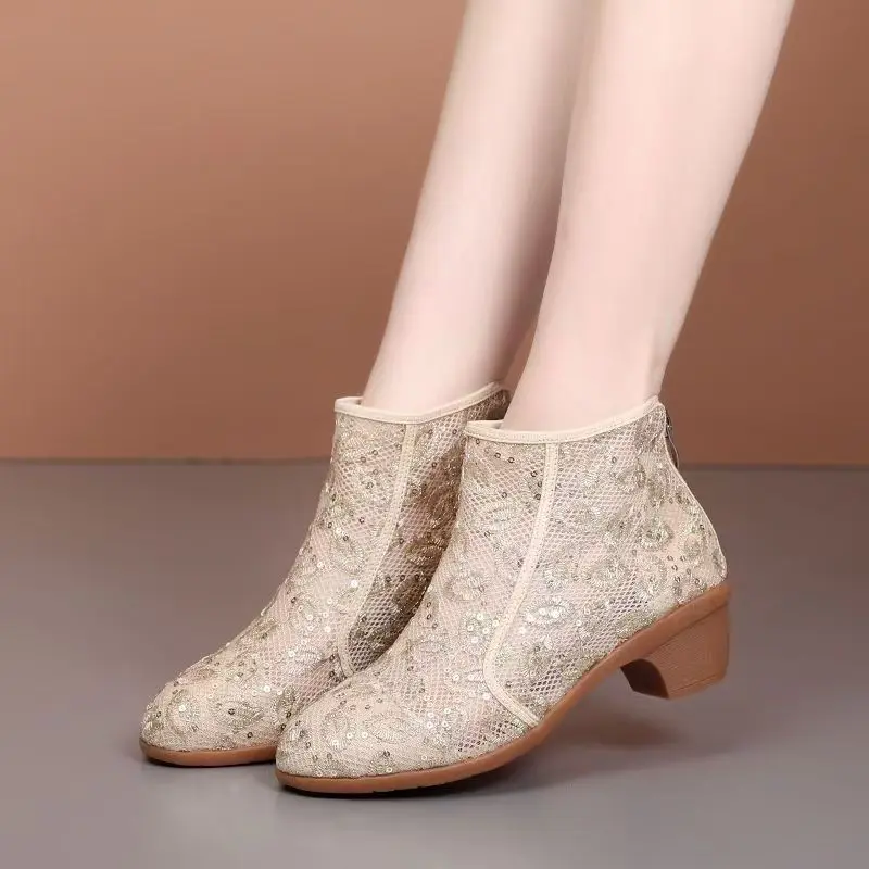 

Women's Spring Summer New Block Heel Mesh Ankle Boots Soft Sole Breathable Zippers Modern Boots Round Toe Cool Boots Dance Shoes