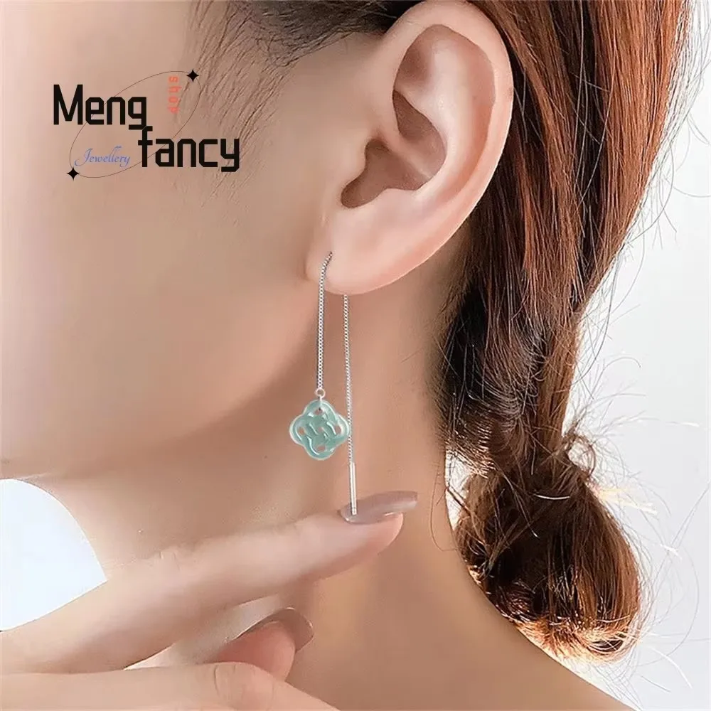

Natural Jadeite A blue Water Chinese knot S925 Silver Ear Wire Ice Jade Female Models High-grade Earrings Simple Fashion Jewelry
