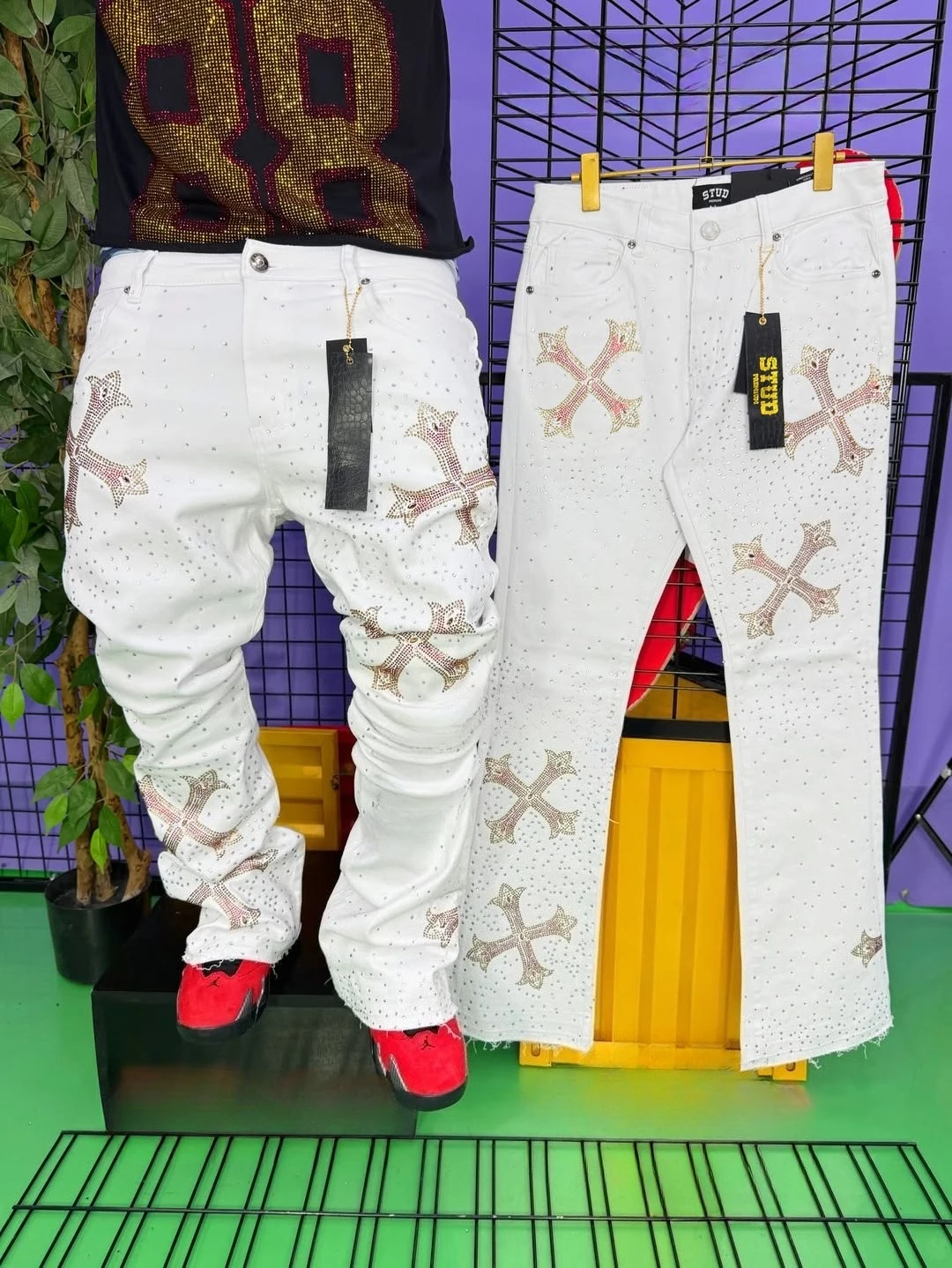 Cross Pattern Design White Flash Fashionable Element Baggy Denim Pants Daily Commute Necessary Minimalism Straight Leg Jeans
