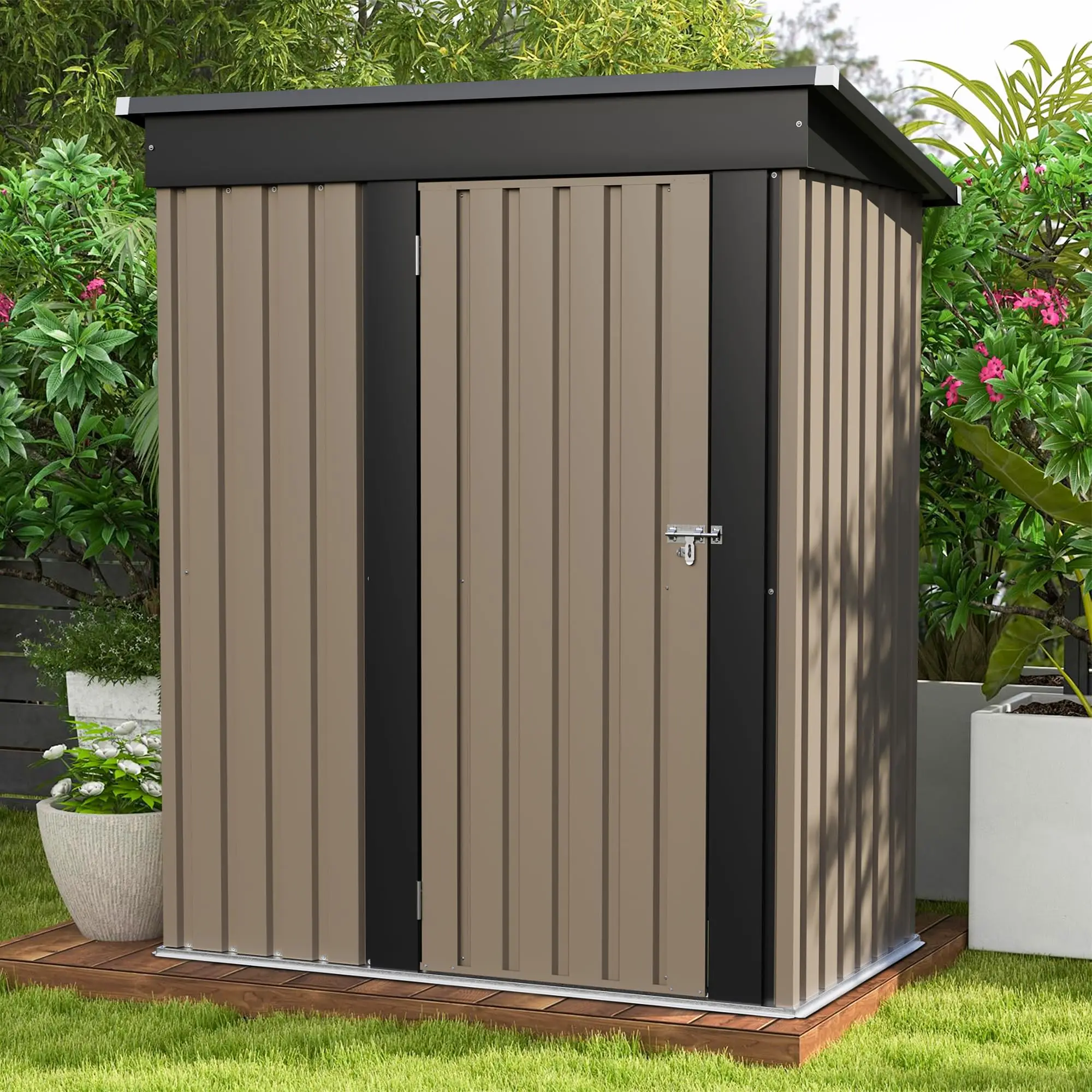 5x3 FT Outdoor Storage Shed, Brown | Tool Shed, Sloping Roof, Lockable Door, Metal Shed for Backyard Garden Patio Lawn