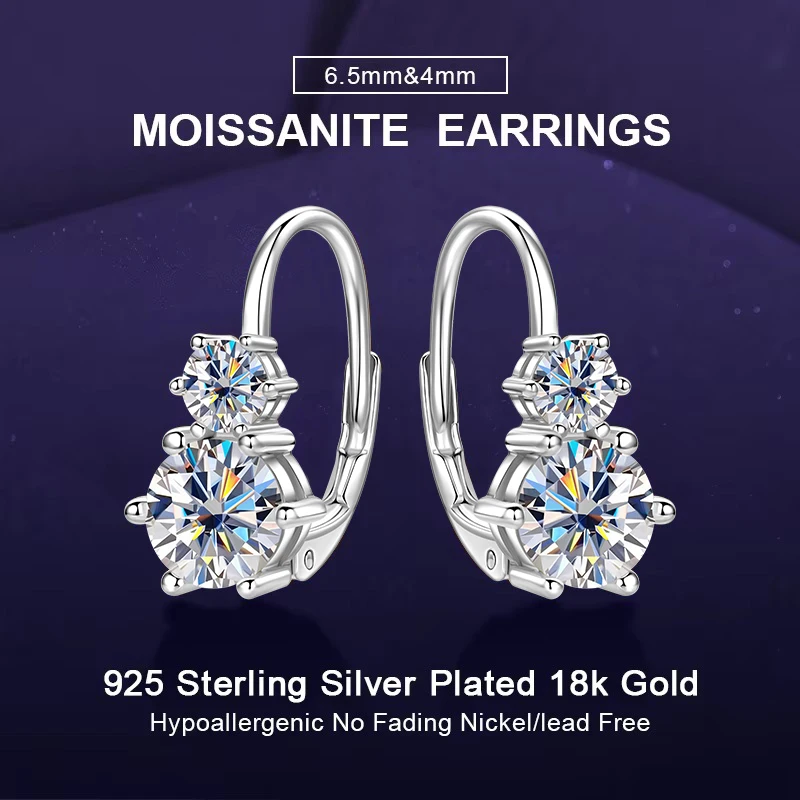 

IOGOU 6,5 мм и 4 мм круглые серьги-клипсы с муассанитом цвета D для женщин, свадебный подарок, серебро 925 пробы с шестью когтями, лабораторные серьги-кольца с бриллиантами