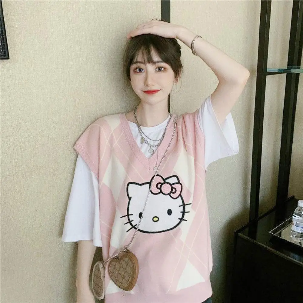 

Sanrioed Hello Kitty V-Neck Vest Sweater Anime Kawaii Kuromi Cinnamoroll Spring Preppy Girl Women Knitting Vest Loose Student