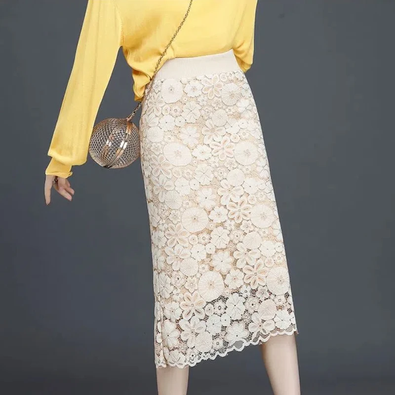 Korean Fashion Autumn/Winter Women's Solid Elastic High Waist Lace Wear on Both Sides Slim Mid-length A-line Knit Hip Wrap Skirt