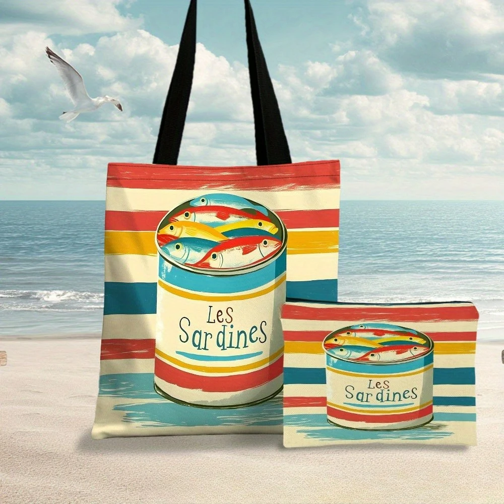 Sardines Art Tote Bag Beach Bag with Makeup Bag Aesthetic Durable Shopping Bag Shoulder Bag Travel and Daily Use