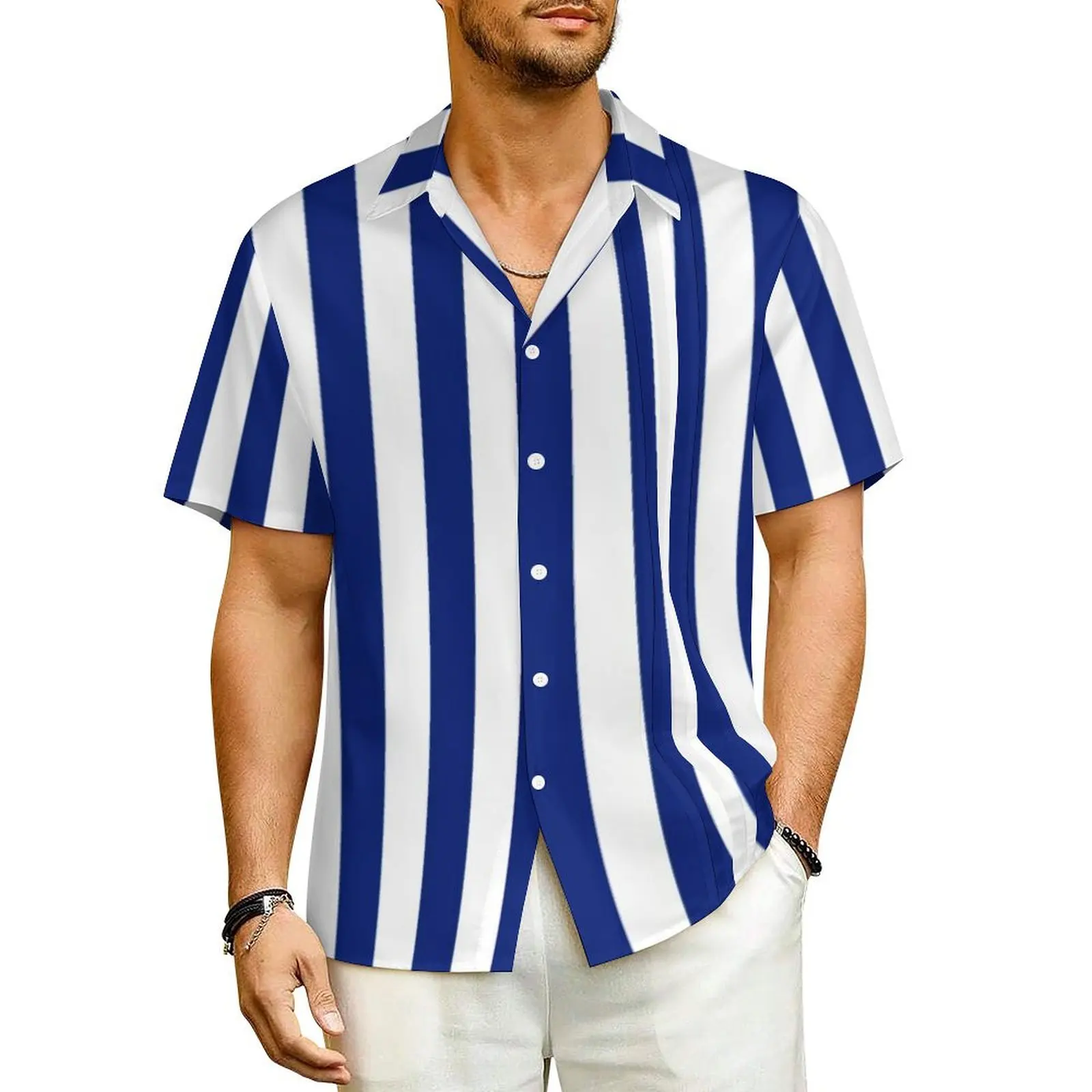 

Vertical Striped Vacation Shirt Blue Lines Print Hawaiian Casual Shirts Man Retro Blouses Short Sleeves Fashion Pattern Clothing