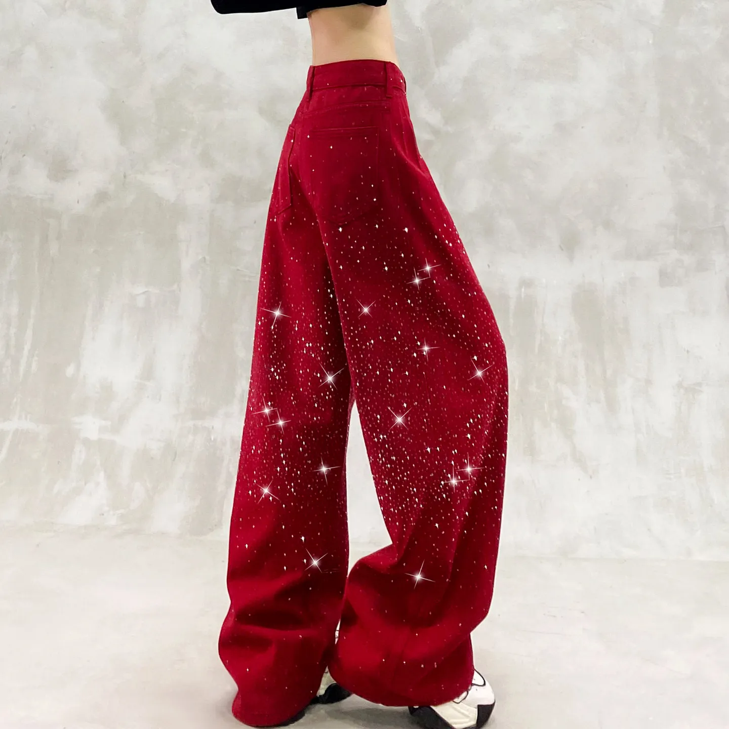 Womens Sparkling Jeans High Waisted Wide Leg Denim Pants with Allover Embellishments for Relaxed Spring Streetwear