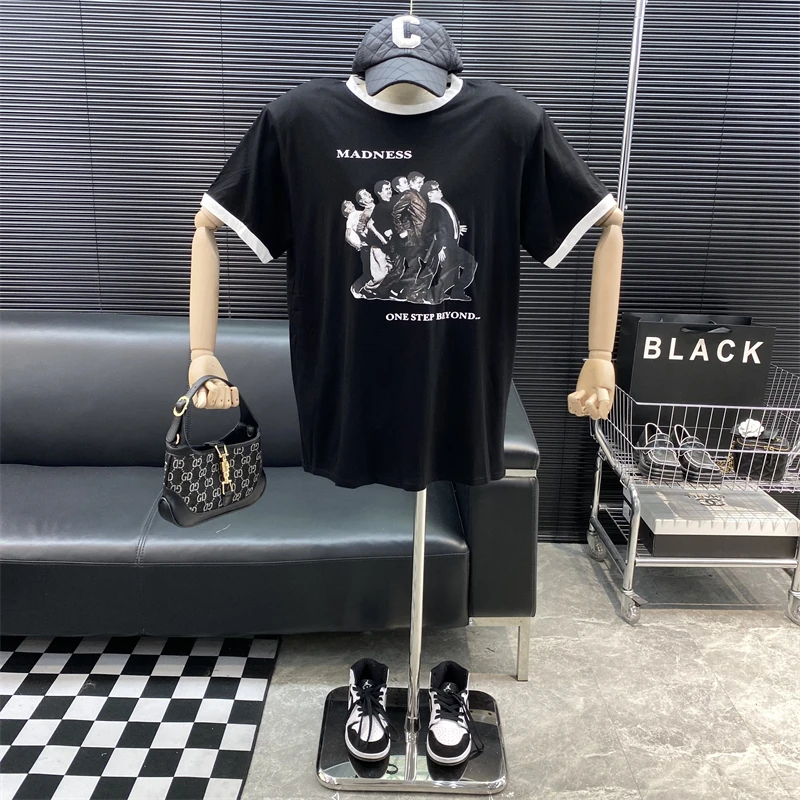 

New 2022 fashion Designer new style Famous brand Retro Color contrast Portrait printing T-shirt Loose Versatile Shoulder pad Top