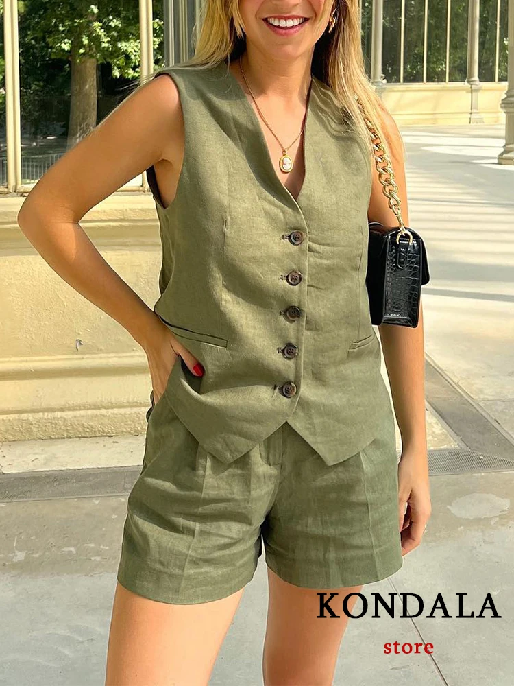 KONDALA Office Lady Summer 2023 Suits Women V Neck Single Button Sleeveless Blazer+High Waist Wide Leg Shorts Stylish Women Sets