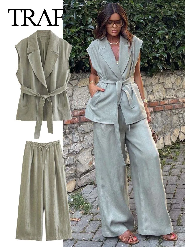 TRAF 2023 Female Fashion 2 Piece Suit Casual Set Elegant Belt Lapel Coats＋Woman Vintage Lace Up Drape Solid Color Wide Leg Pant