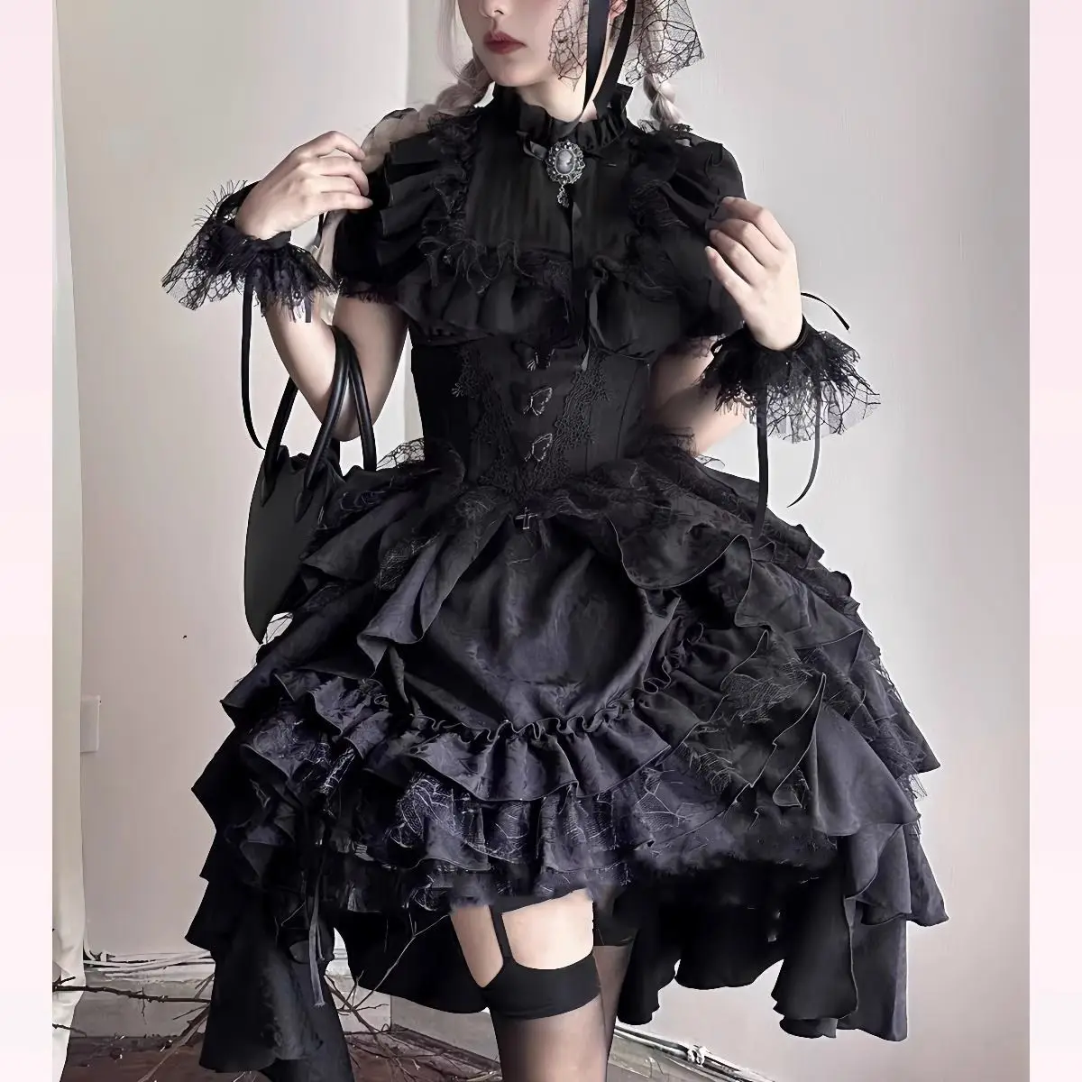 Gothic Lolita Black White Shirt Skirt Set Women's Long Sleeve School Uniform Style Two-Piece Outfit Gothic Wind Dress