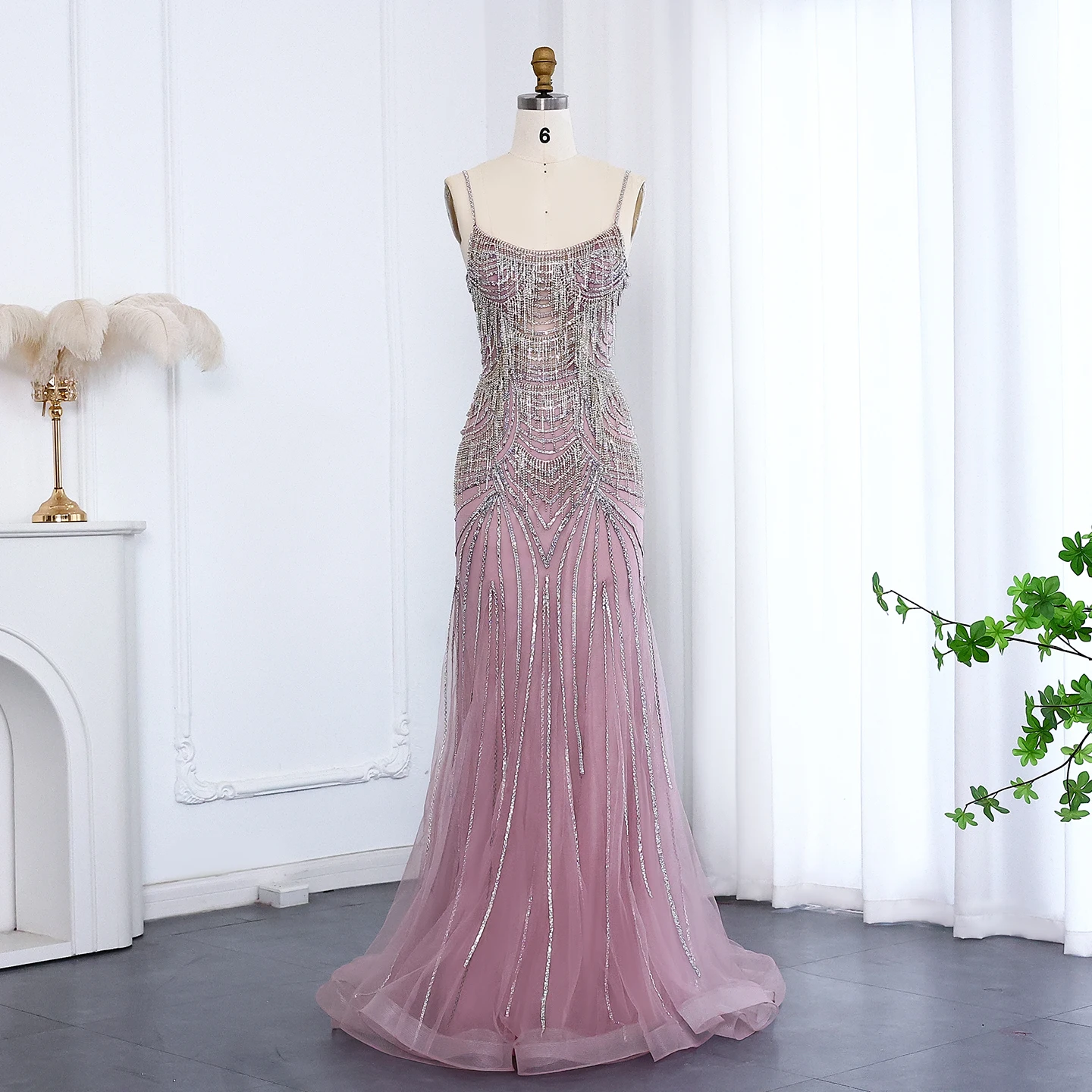 Sharon Said Luxuriöses Champagner-Abendkleid mit Spaghettiträgern, Perlenbesetztes Meerjungfrauenkleid, bodenlang, für formelle Anlässe und Partys, SS029, maßgeschneidert – Detail 21