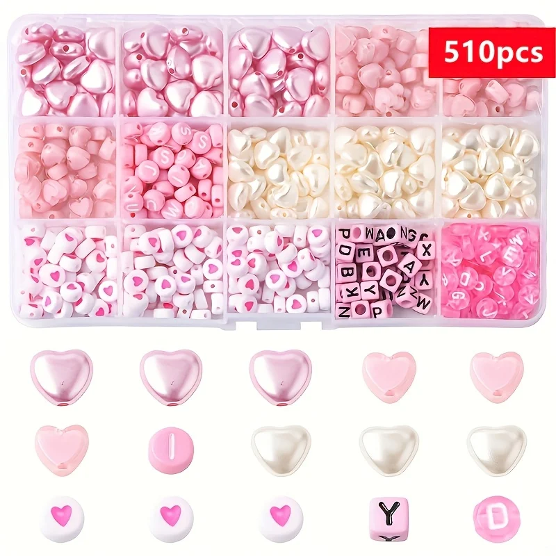510pcs Pink Peach Heart and Letter Combination Set Box DIY Pearl Jewelry Making Supplies, Holiday Gifts