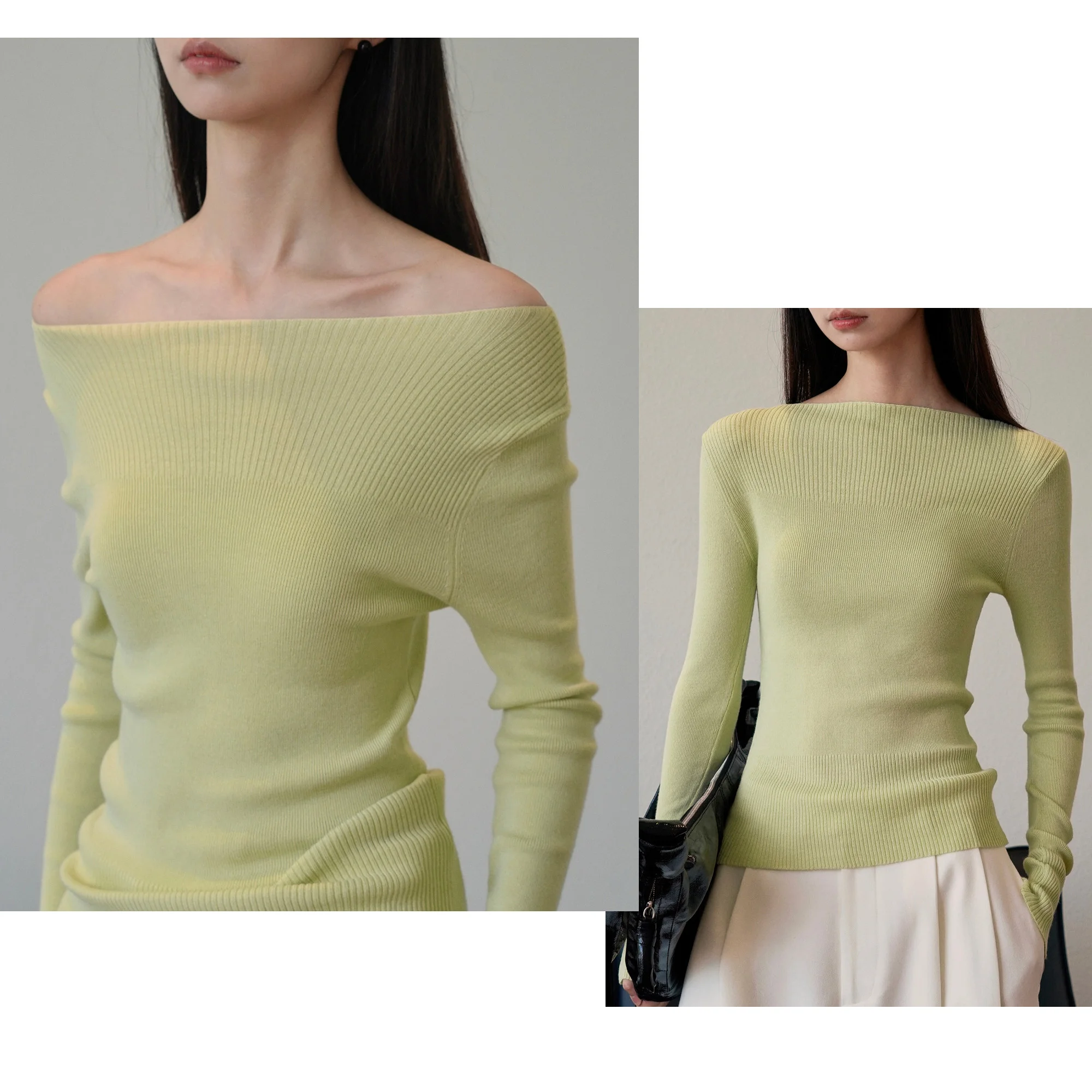 Knitted Boat Neck Tops Slim Two Way Off Shoulder Sweater Fashion Autumn Pullover Knitwear Women