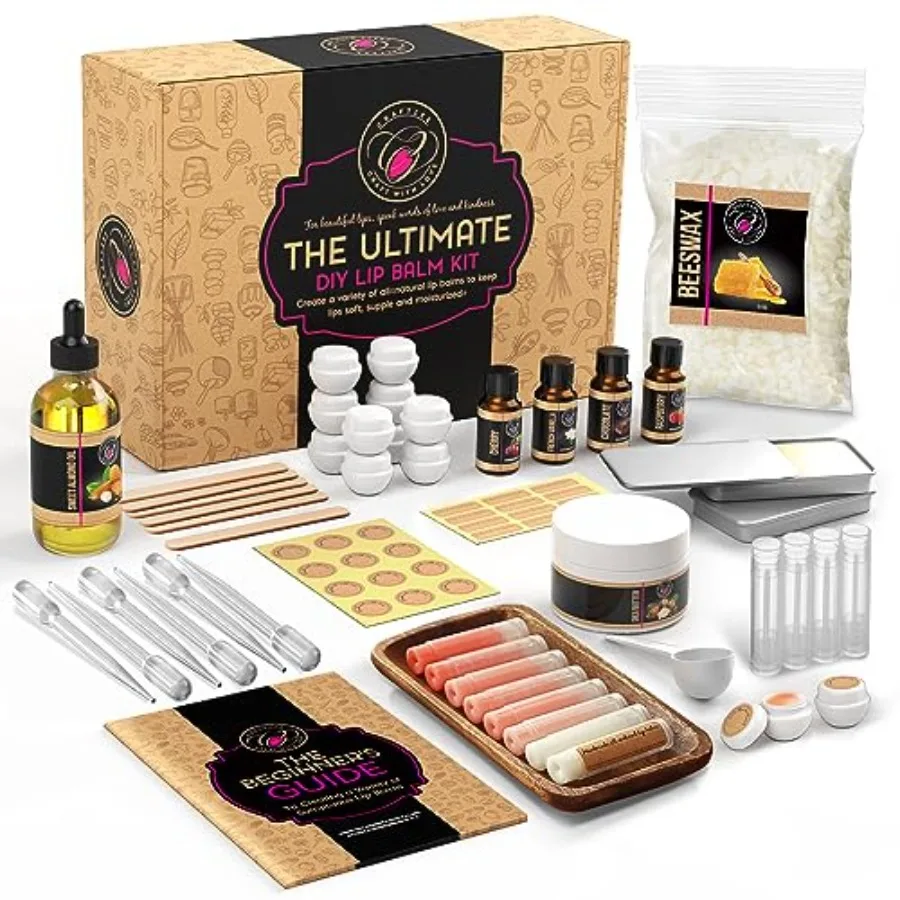 

CraftZee Lip Balm Making Kit. DIY Lip Gloss Pack, Natural Beeswax, Shea Butter, Sweet Almond Oil, Essential Oils