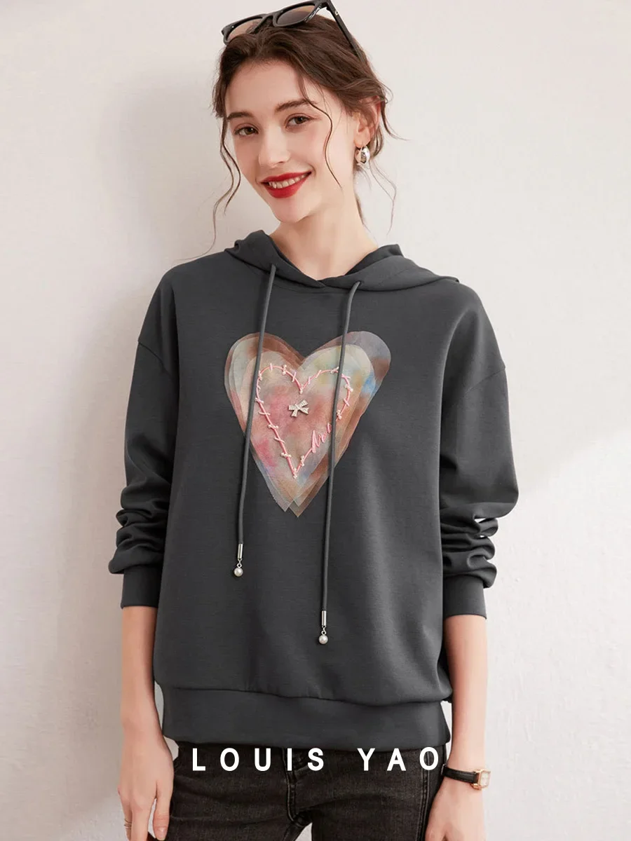 LOUIS YAO 2025 Autumn Hoodie with Color Contrasting Patchwork Casual Falling Shoulder Sleeves Loose Women's Hoodie