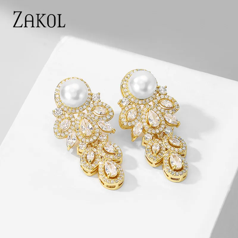 ZAKOL New Fashion CZ Zirconia Crystal Leaf Dangel Earrings for Women Luxury Bridal Wedding Party Jewelry