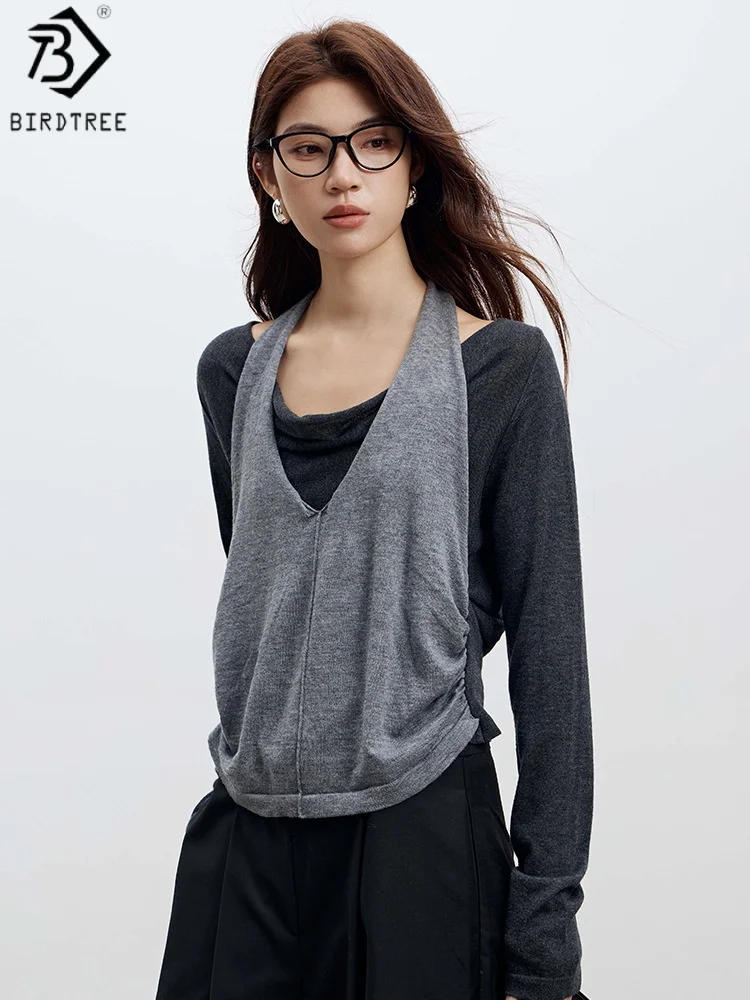 

Birdtree 30.7% Sheep Wool 20.7% Acrylic Sweater,Woman Wool Blend Hanging Neck Swinging Collar Fake Two-piece Knit Shirt T58739JF