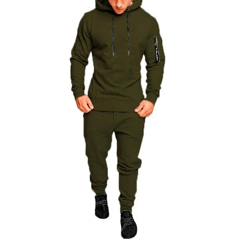 2 Pcs/Set Men Hoodie Pants Suit Solid Color Long Sleeve Hooded Elastic Waist Ankle-banded Drawstring Casual Sports Set Men Fall